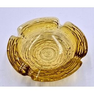 Vintage Amber Glass Soreno Ashtray Honey Gold Ripple Tree Ring Pattern 5 Inch